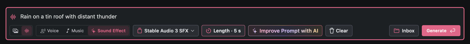 The Chitra Studio prompt bar set to Sound Effect, with Stable Audio 3 SFX chosen and the length set to 5 seconds