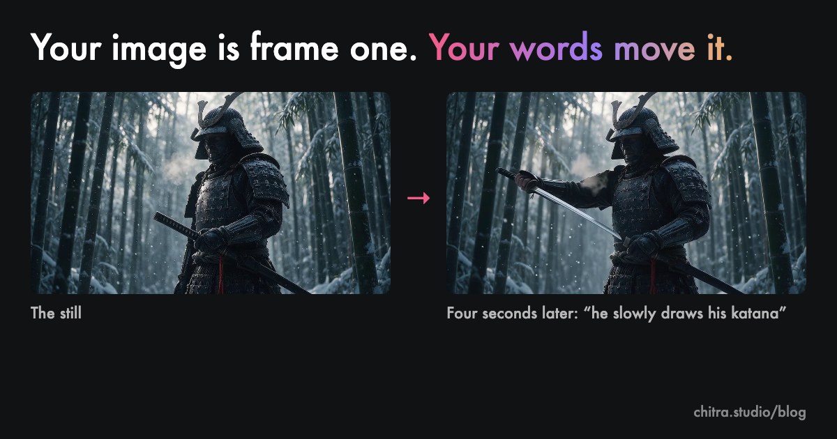 A samurai in a snowy bamboo grove as a still, and four seconds later drawing his katana