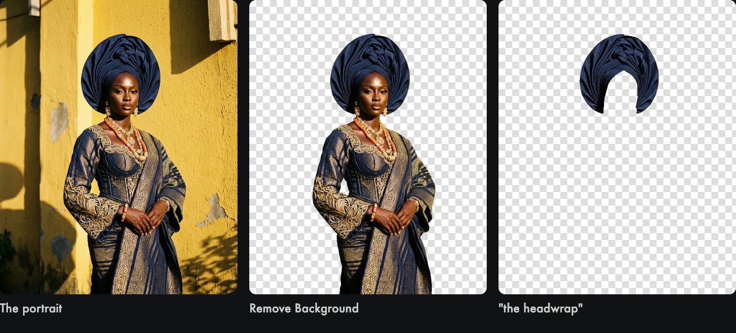 A fashion portrait, the same portrait with the background removed, and only her headwrap cut out