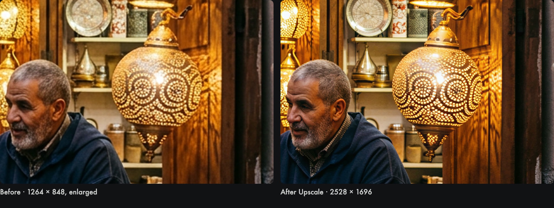 The same corner of the spice stall: enlarged from the original on the left, upscaled on the right