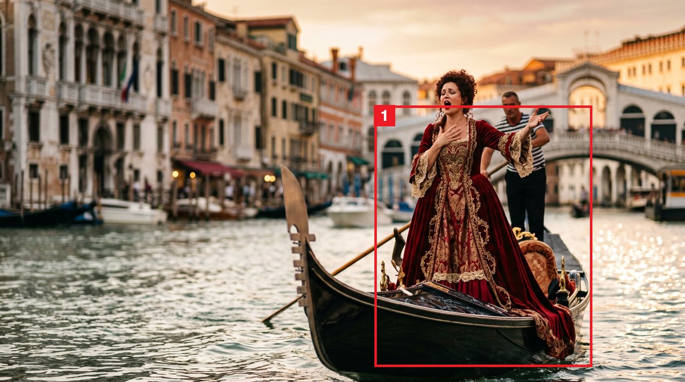 The opera singer picture with a red box numbered 1 drawn around her gown