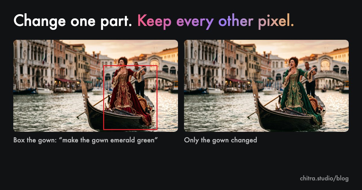 An opera singer on a gondola with a box around her red gown, and the same picture with only the gown turned emerald green