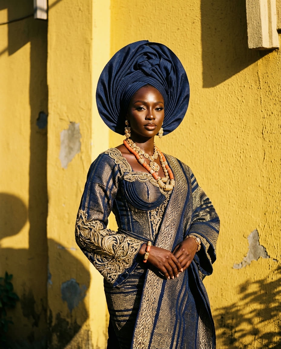 A fashion portrait of a Nigerian woman in a sculptural gele against a sunlit yellow wall