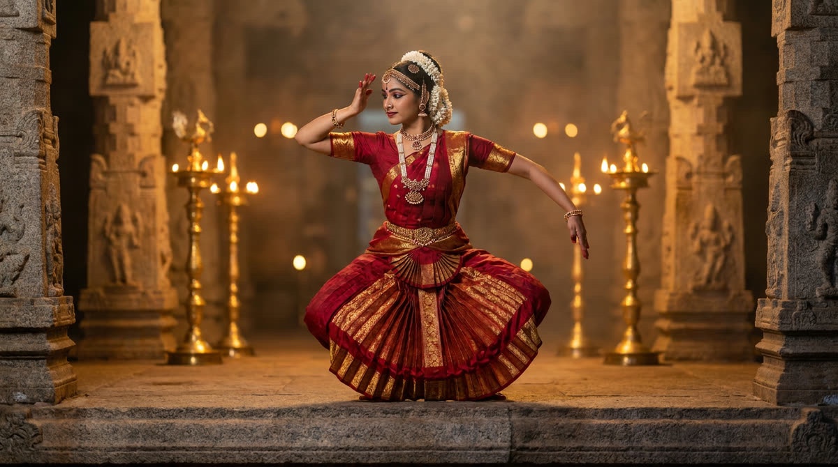 A Bharatanatyam dancer in a red and gold costume on a temple stage