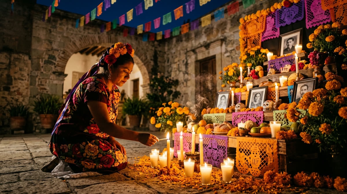 A Day of the Dead altar in an Oaxacan courtyard at night, with a woman lighting candles