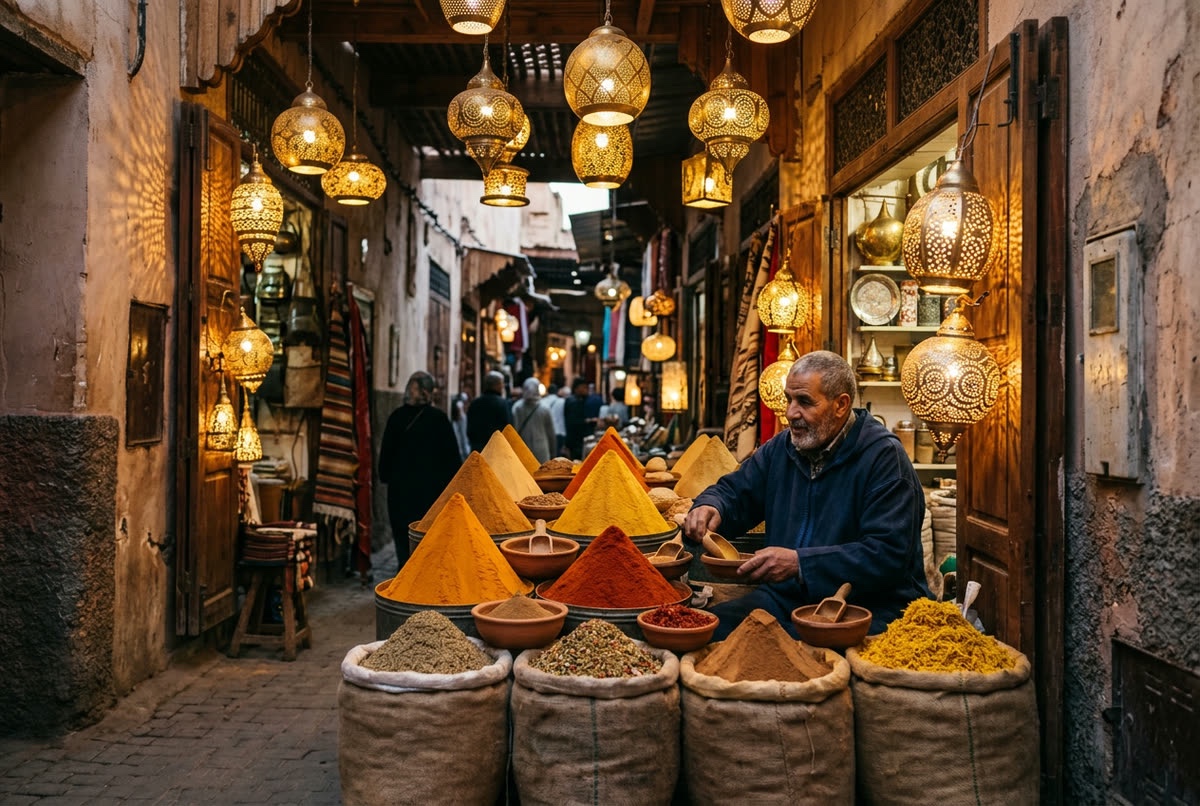 A spice stall in the Marrakech medina under brass lanterns