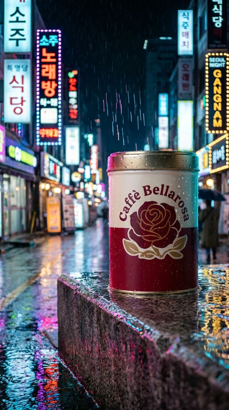The same Caffè Bellarosa tin in a seoul alley in the rain