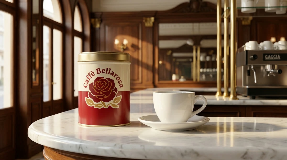 The same Caffè Bellarosa tin in a milan espresso bar