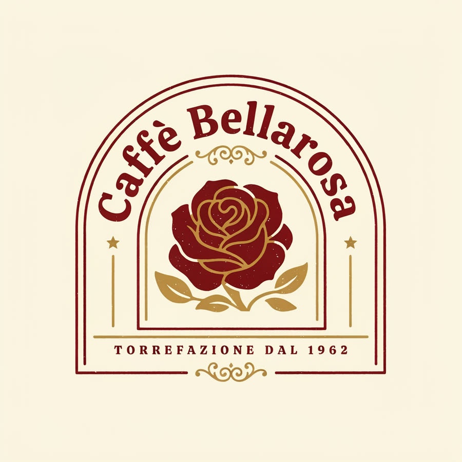 A Caffè Bellarosa logo: a crimson and gold rose in an arched badge