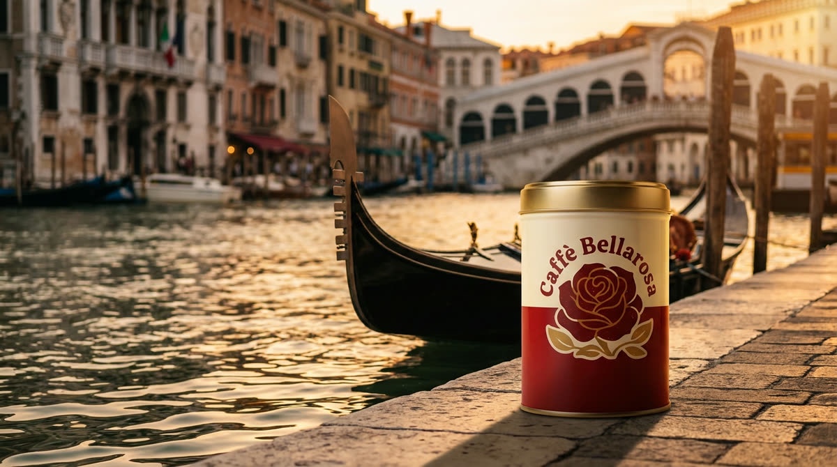 The same Caffè Bellarosa tin in a venice canal quay