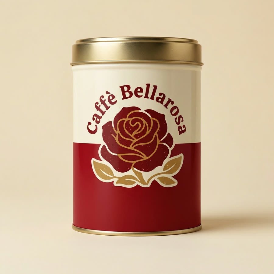 A cream and crimson coffee tin with the Caffè Bellarosa logo and a gold lid