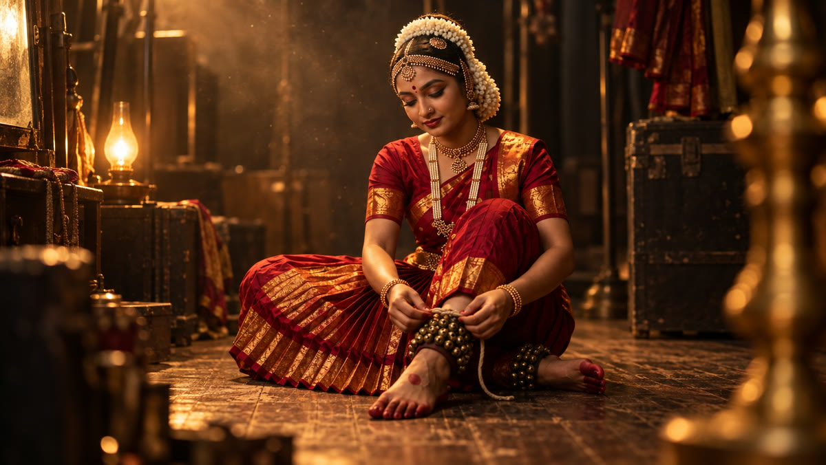 A dancer in red and gold tying ankle bells backstage beside a warm lamp
