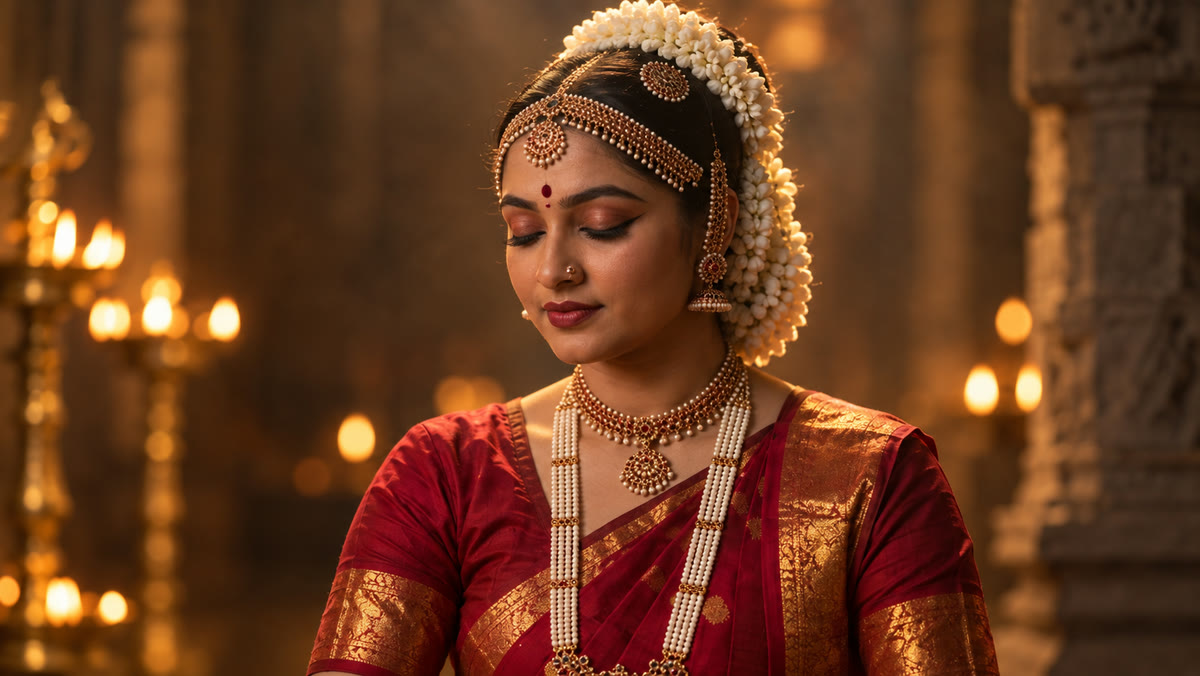 A close-up of the dancer with her eyes closed in warm lamplight