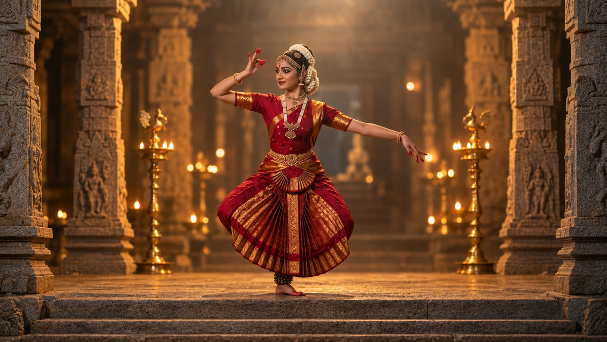 The dancer holding a pose on a stone temple stage between brass lamps