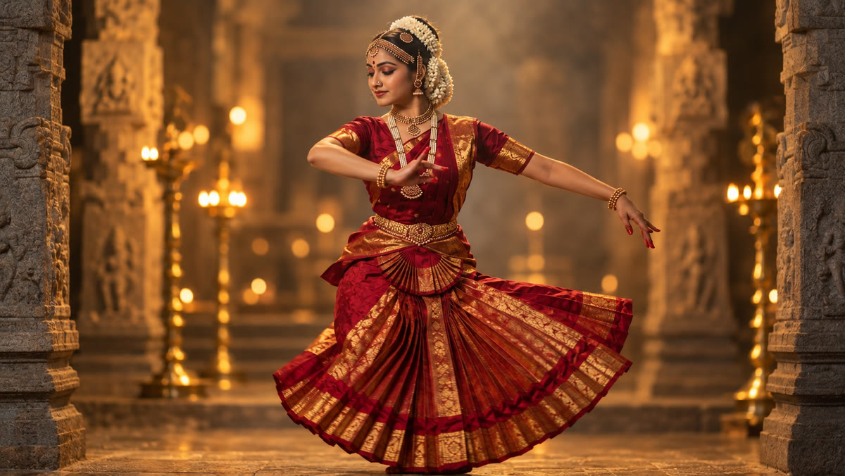 The dancer in a turning pose with her red silk costume spread around her