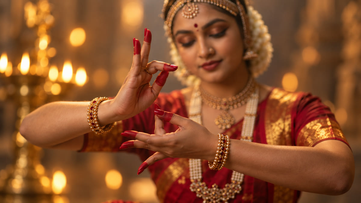 A close view of the dancer’s hands and gold jewellery