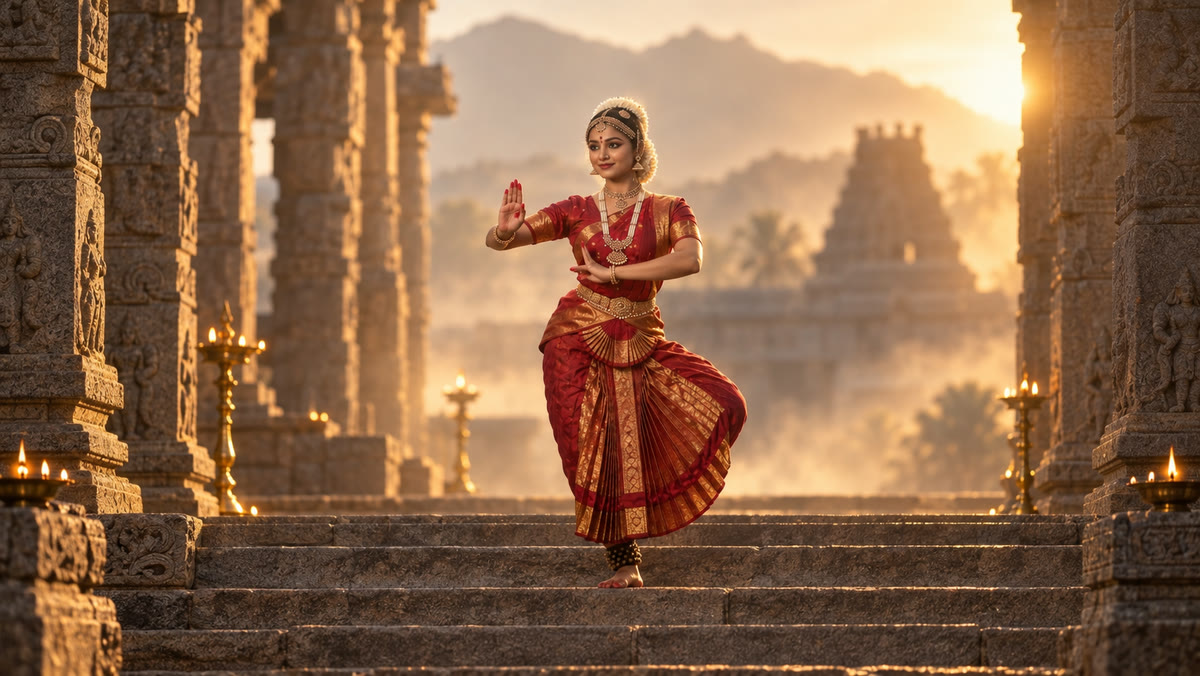 The dancer on stone temple steps in the warm light of dawn