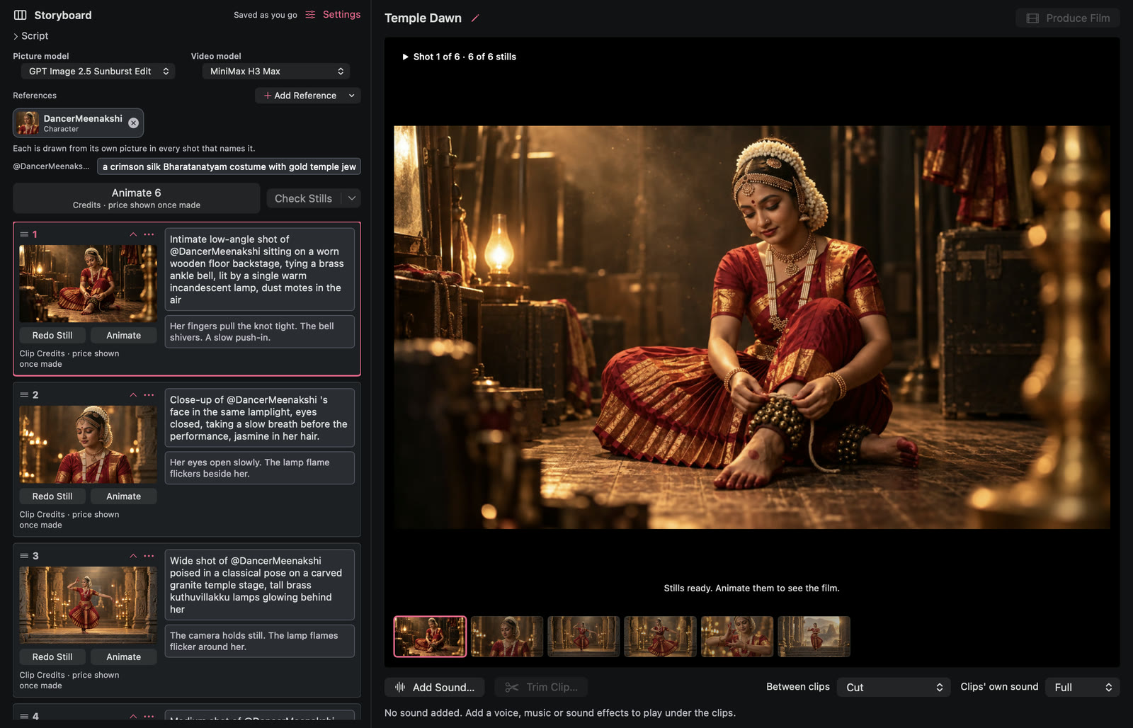 The Storyboard screen for Temple Dawn: the shot list on the left with a still, a picture description and a motion line for each shot, and a large preview with a strip of six stills on the right