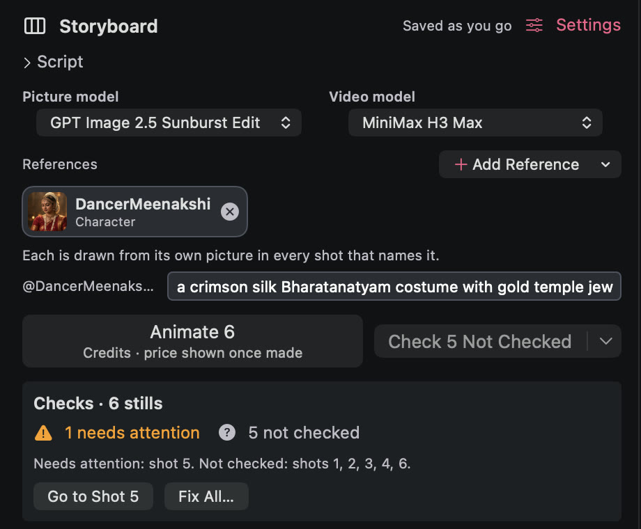 The Storyboard panel's check summary: 1 needs attention, 5 not checked, with Go to Shot 5 and Fix All buttons