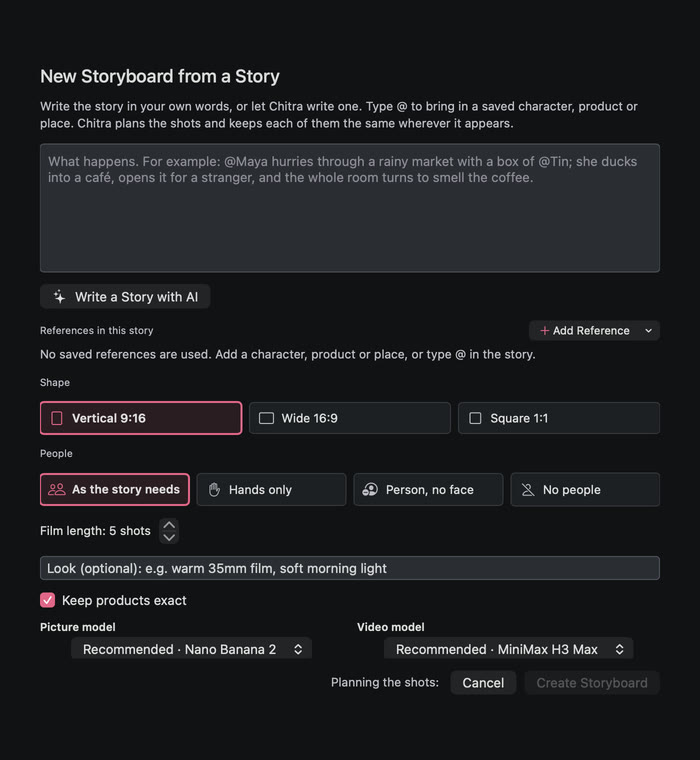 The New Storyboard from a Story window: a story box, a Write a Story with AI button, references, a choice of shape and people, a film length in shots, a look field and the model menus