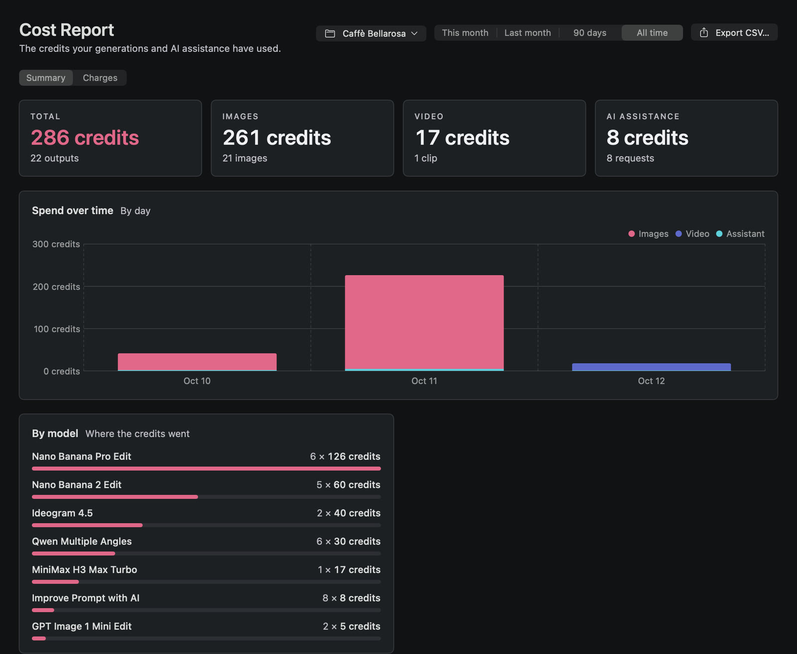 The Cost Report for the Caffè Bellarosa project: 286 credits for 22 outputs